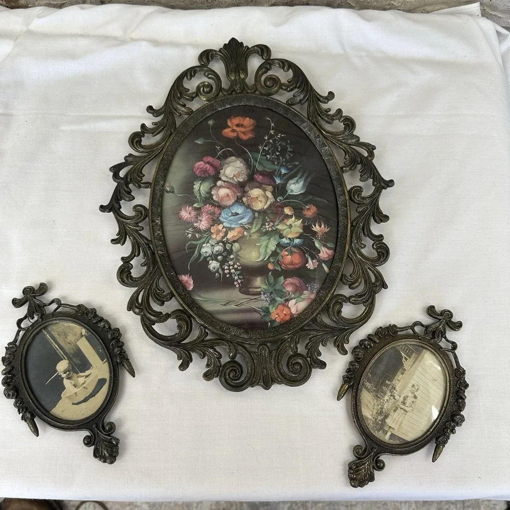 Lot 3 Cast Metal Brass Tone Art Nouveau Ornate Oval Wall Picture Frames Italy